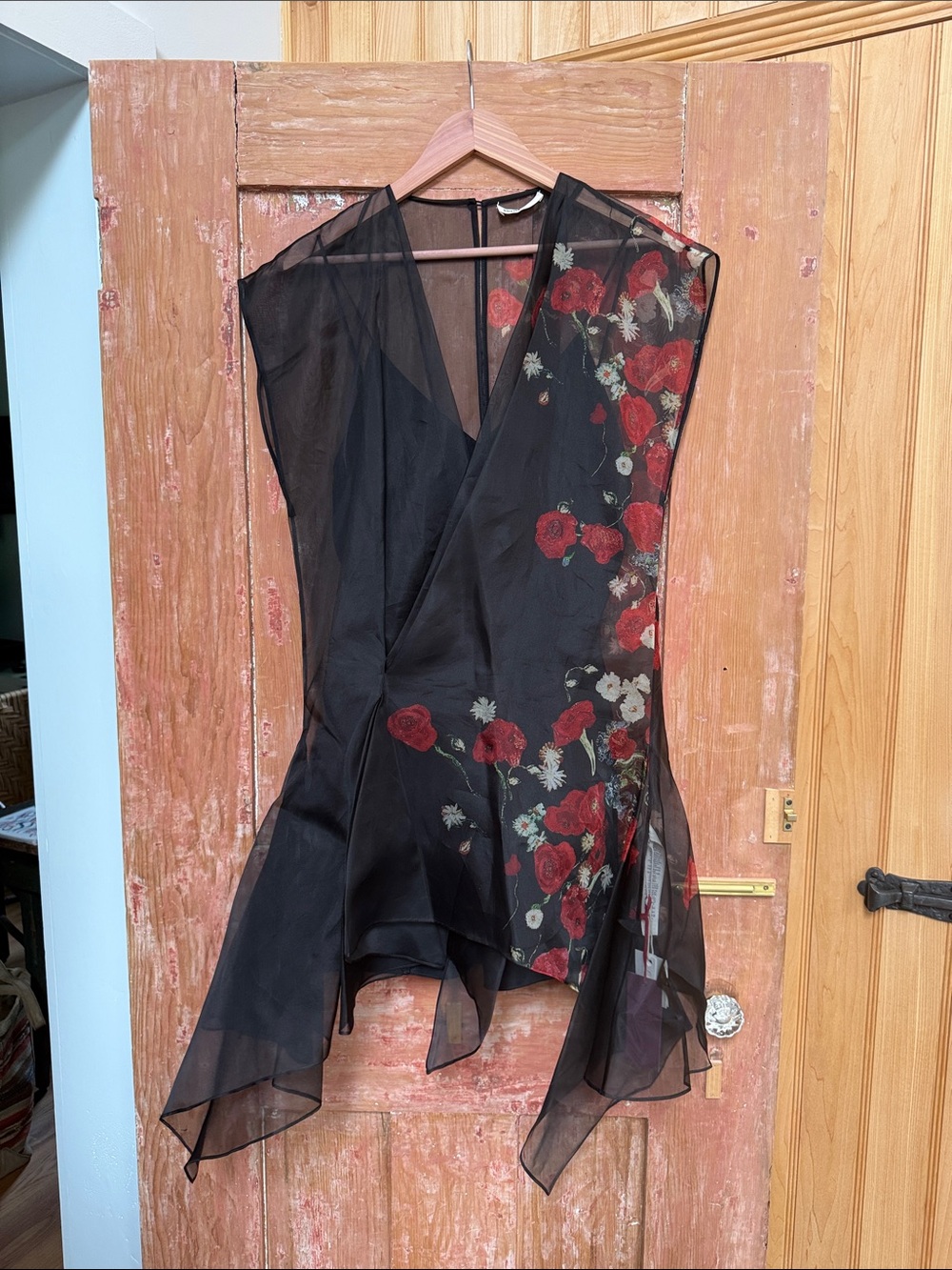 KHAITE Black Sheer Wrap Top with Red Floral Embroidery
